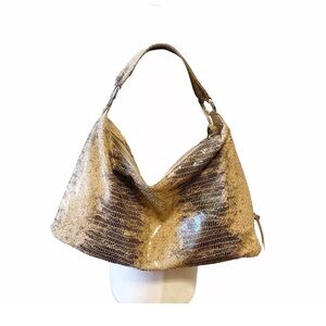 Hobo International Tan/Black Shiny Faux Snakeskin 1 Strap Zip Top Tote